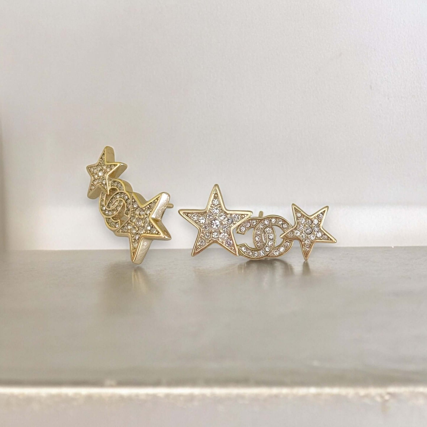 Chanel Stunning Star w/ CC Lighter Gold w/ Crystals Post Earrings Pre-Owned - My Mama Found What   My Mama Found What 