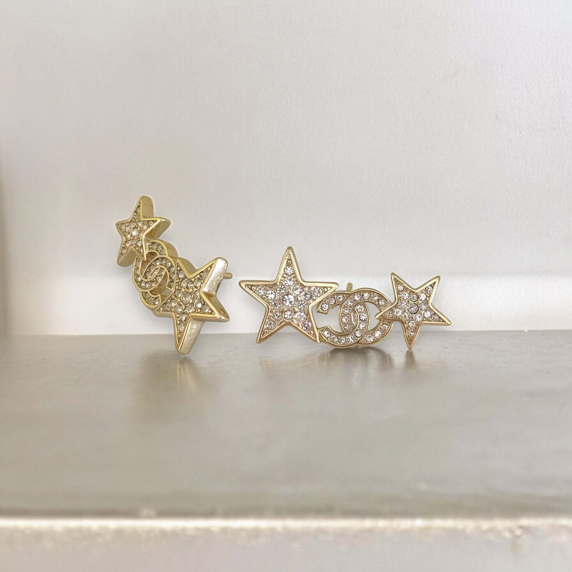 Chanel Stunning Star w/ CC Lighter Gold w/ Crystals Post Earrings Pre-Owned - My Mama Found What  