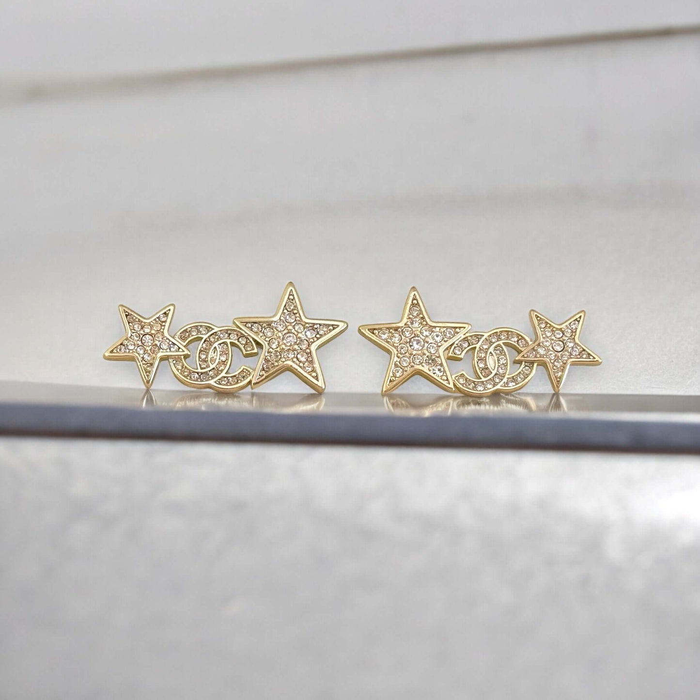 Chanel Stunning Star w/ CC Lighter Gold w/ Crystals Post Earrings Pre-Owned - My Mama Found What   My Mama Found What 