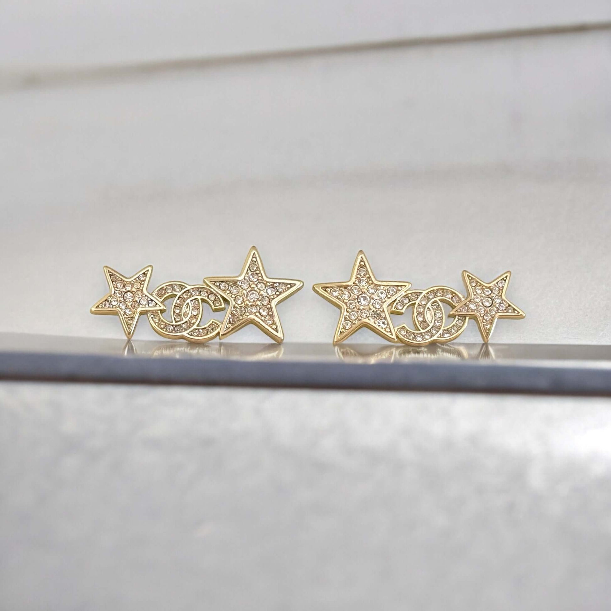 Chanel Stunning Star w/ CC Lighter Gold w/ Crystals Post Earrings Pre-Owned - My Mama Found What  