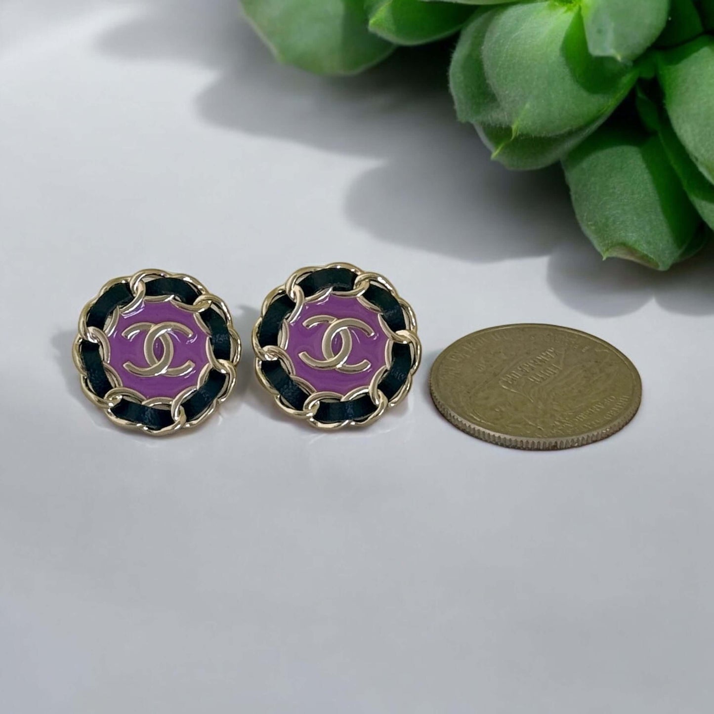 Chanel Violet CC Round Earrings Pre-Owned Authentic - My Mama Found What   My Mama Found What 