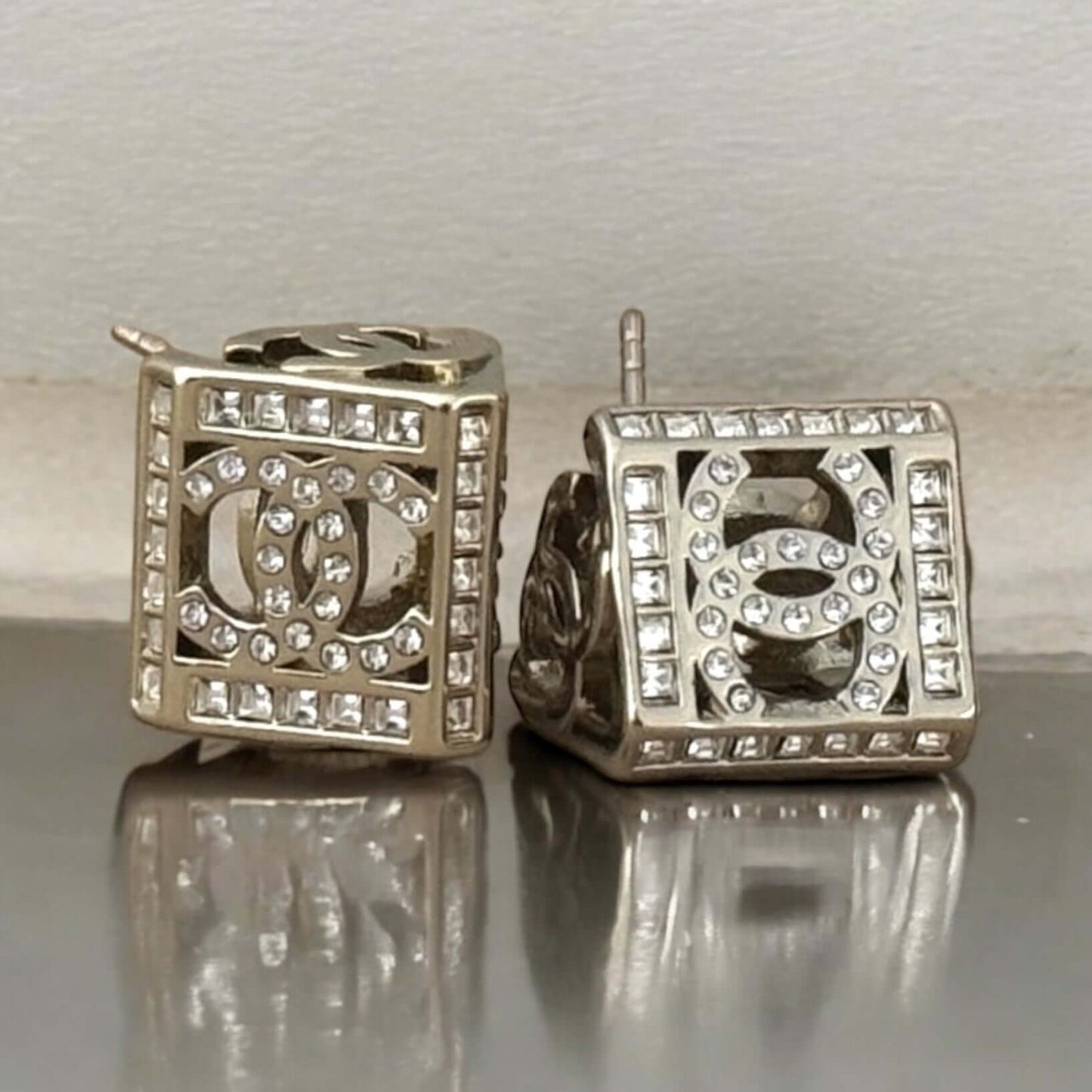 Pre-Owned Chanel Gold CC Cut Out Earrings w/ crystals