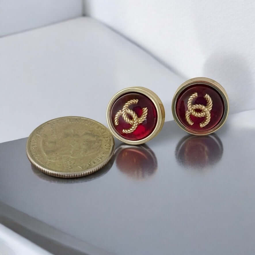 Pre-Owned Authentic Chanel Gold CC Round Red Earrings