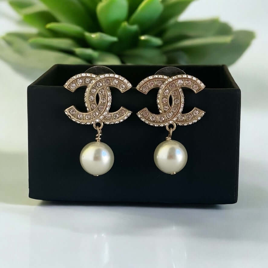 Chanel Gold CC w/ Crystals Dangle Pearl Earring Pre-Owned