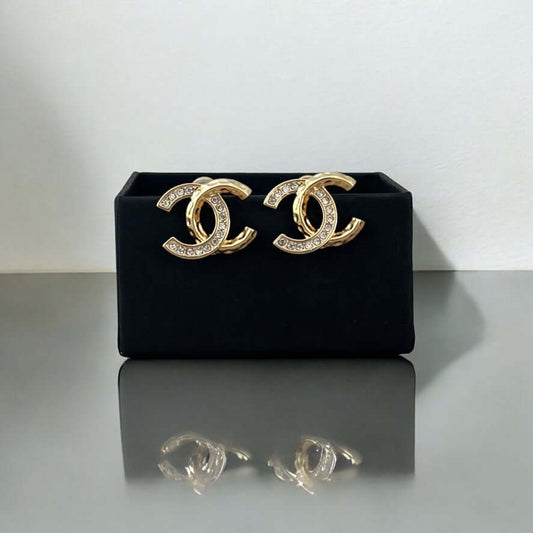 Chanel Gold CC w/Clear Crystals Post Earrings Pre-Owned