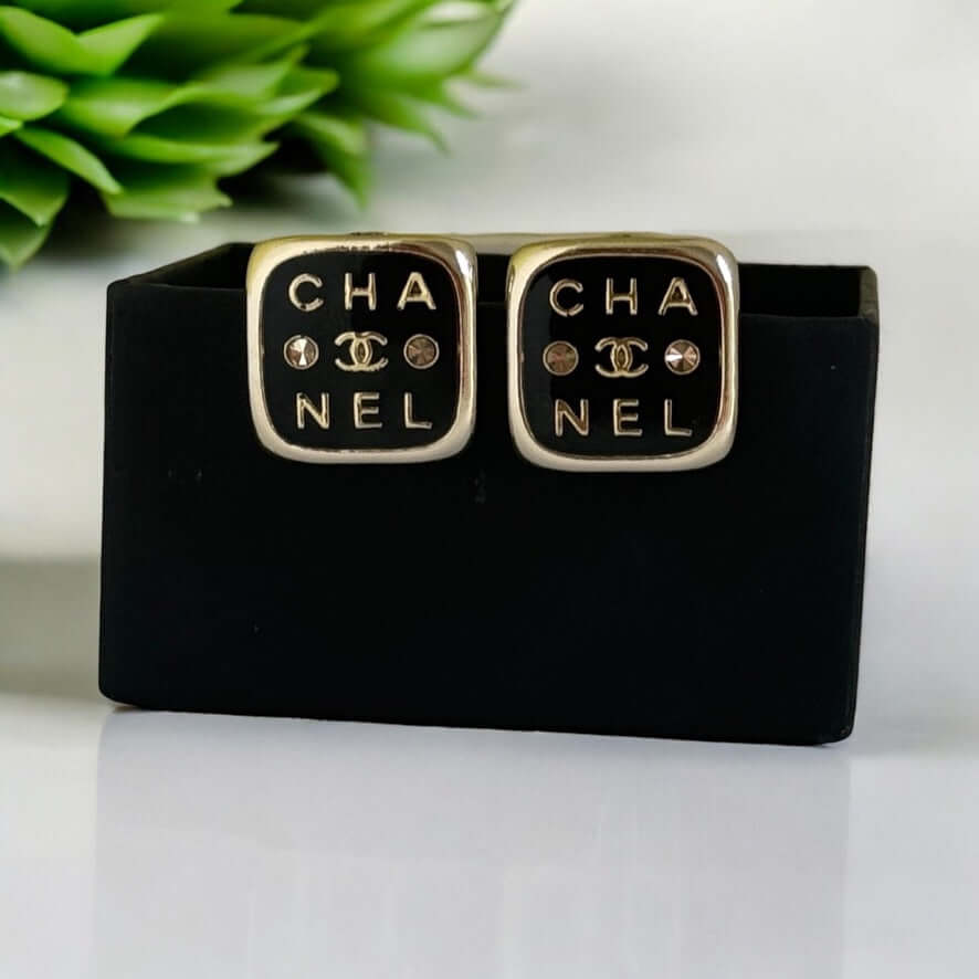 Chanel Gold Black Rounded Square Earrings Pre-Owned