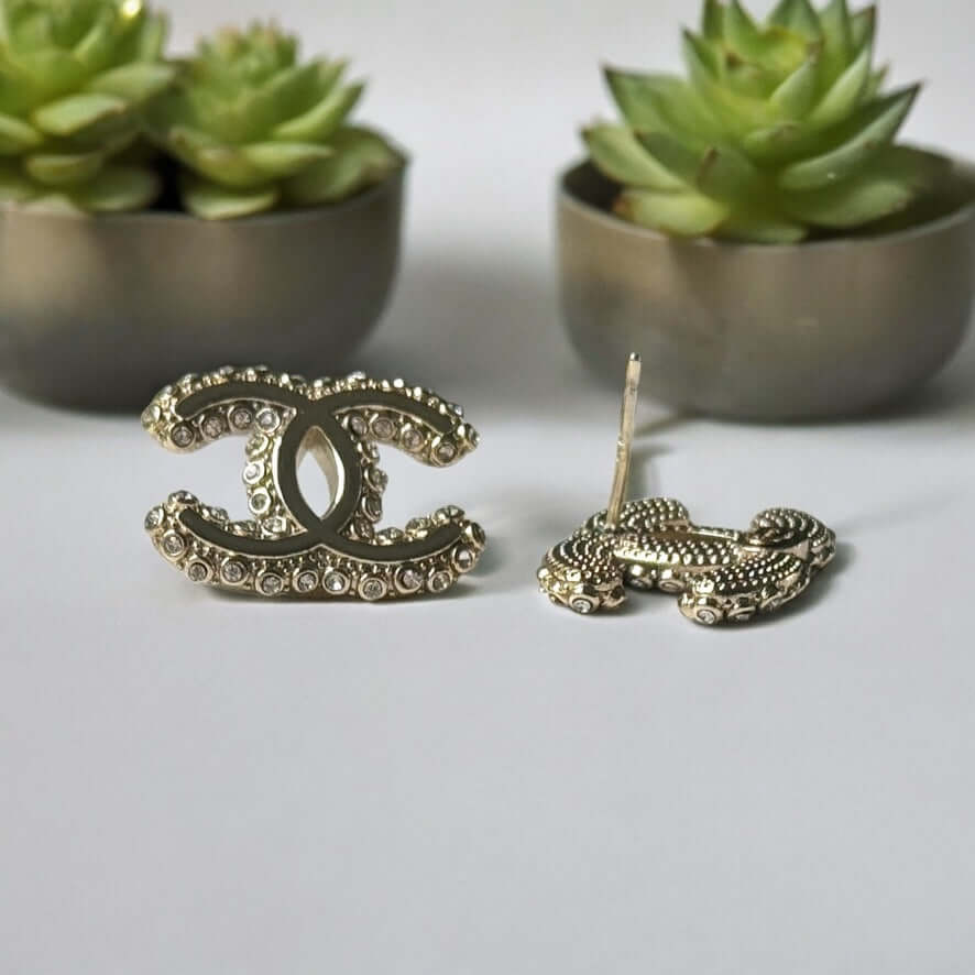 Chanel Gold CC with Clear Crystals  Post Earrings Pre-Owned