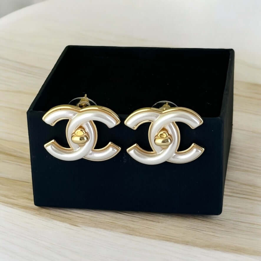 Authentic Chanel Gold CC with White Enamel Lock Earrings Pre-Owned