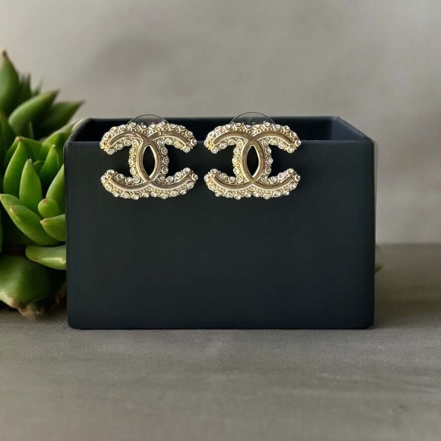 Chanel Gold CC with Clear Crystals  Post Earrings Pre-Owned