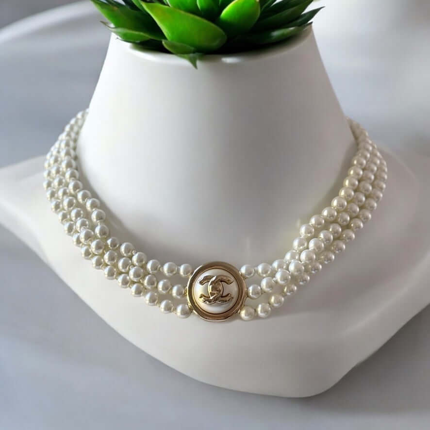 Authenitc Chanel Triple Strand Pearl w/ Gold CC Pendant Choker Pre-Owned