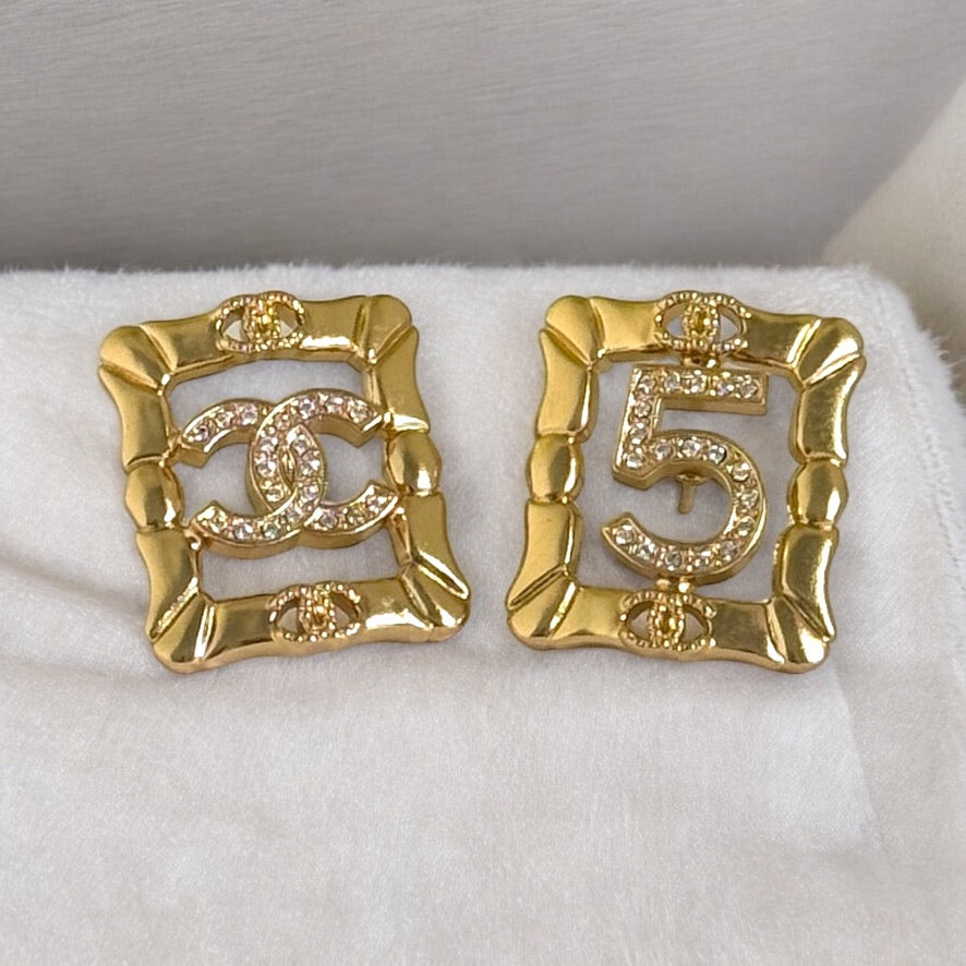 Authentic Chanel Gold CC & 5 Cut Crystals Pre-Owned Earrings