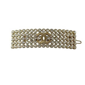 Chanel CC Gold Crystals Barette, authentic, pre-owned, never worn, luxury hair accessory, gold plated with clear crystals.