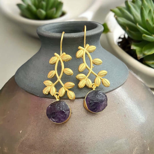 Amethyst Gold Resort wear Floral Hand-crafted Earrings Artisan Made