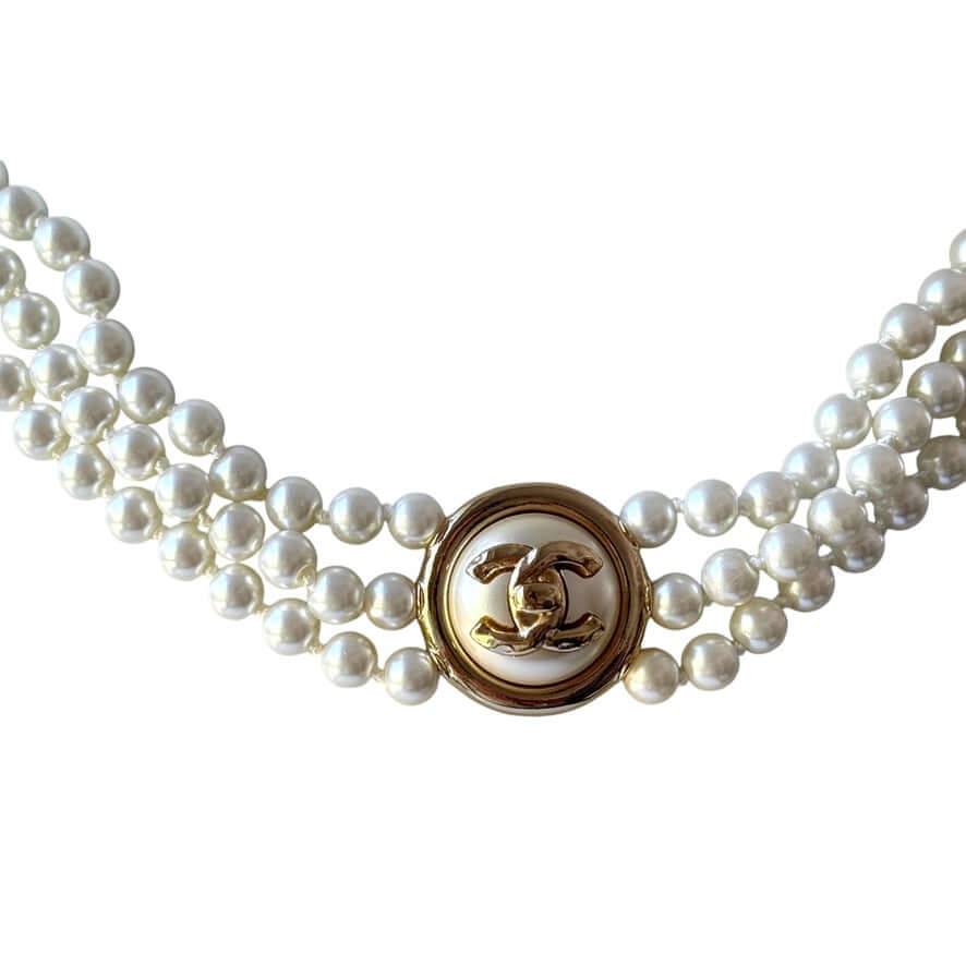 Authenitc Chanel Triple Strand Pearl w/ Gold CC Pendant Choker Pre-Owned