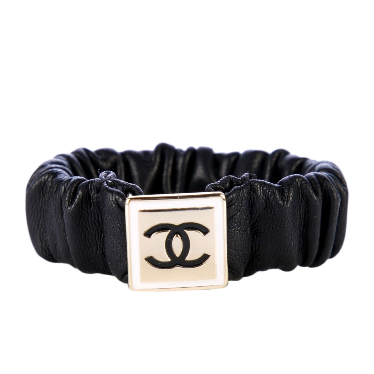 Chanel Gold CC Black Leather Scrunchie