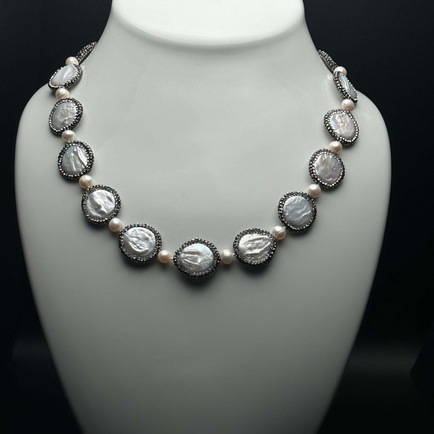 New Coin Pearls accented w/ black crystals Necklace/Choker