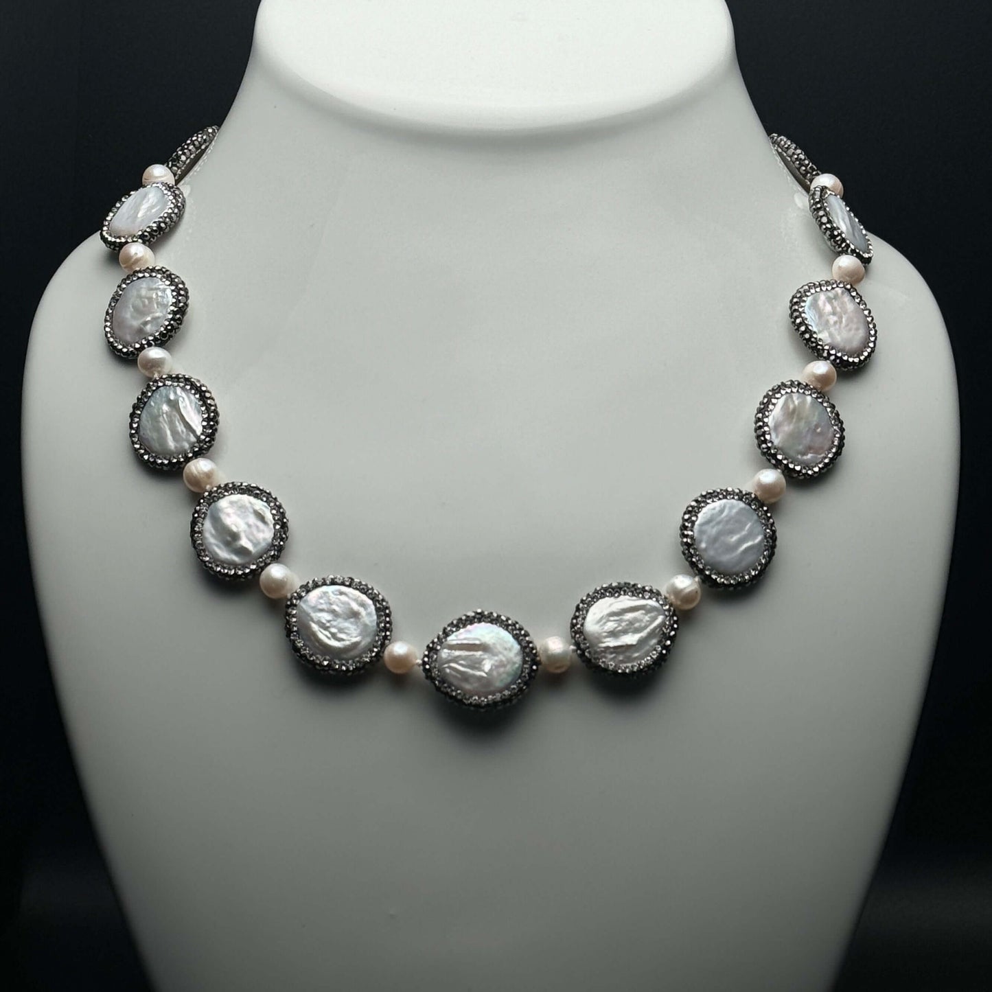 New Coin Pearls accented w/ black crystals Necklace/Choker