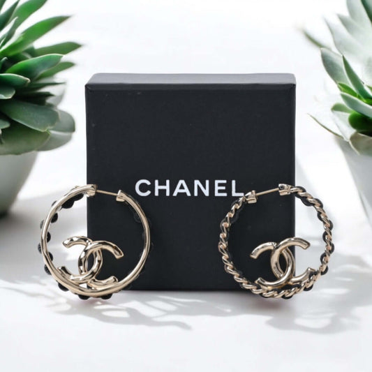 Chanel Gold Black Chain Hoops Pre-Owned