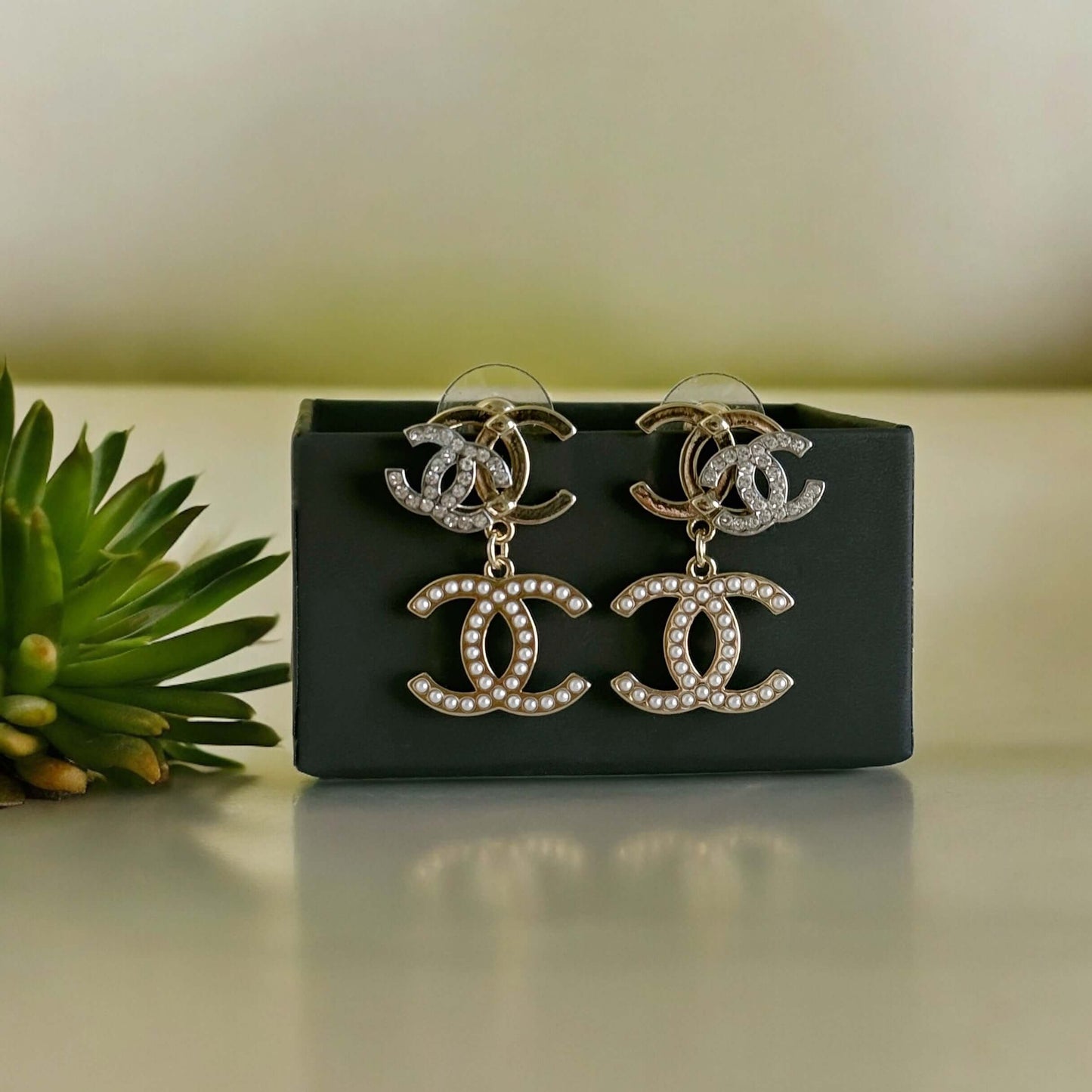 Chanel Triple CC Gold , Silver , Pearls & Crystals Earrings