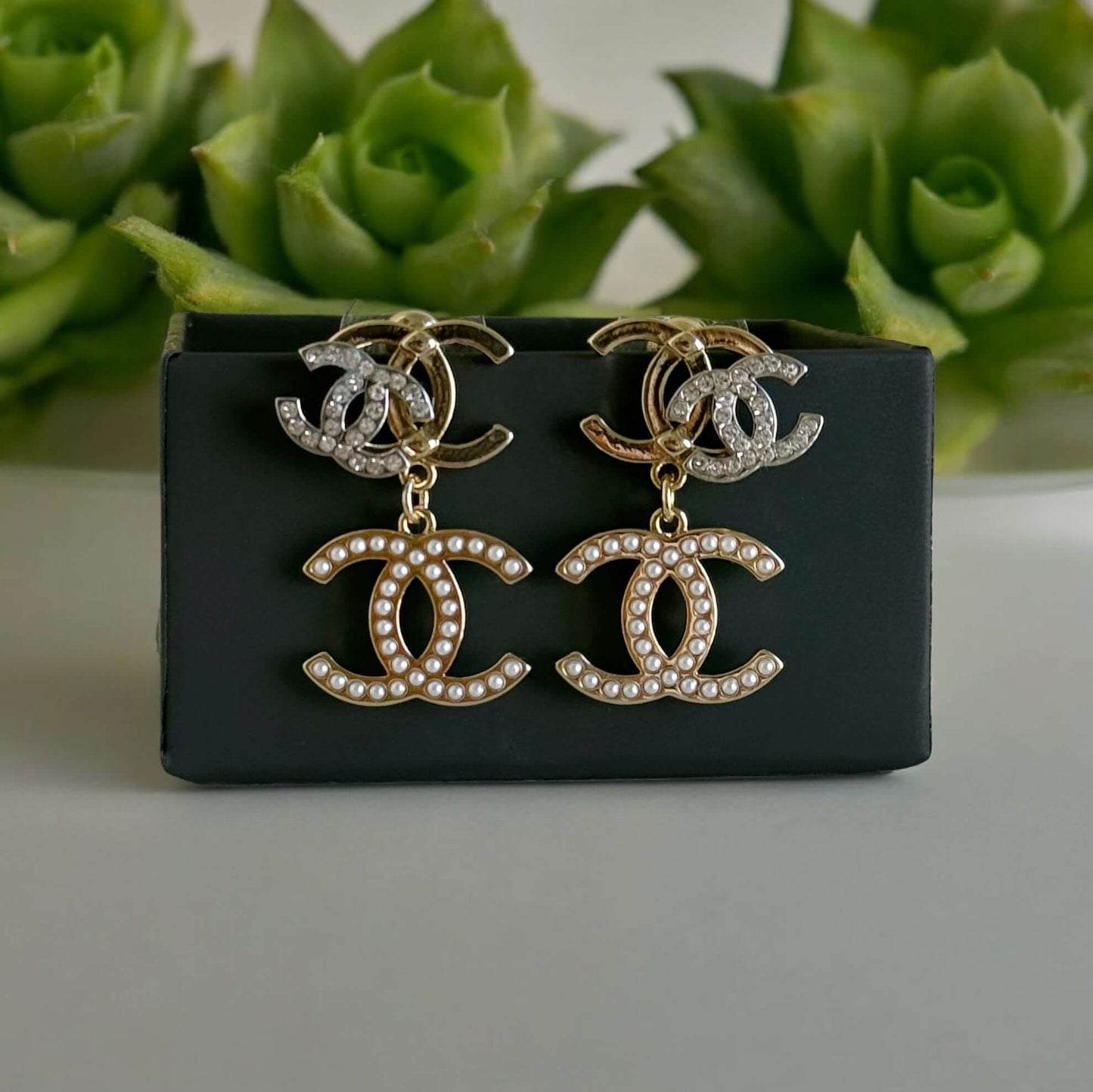 Chanel Triple CC Gold , Silver , Pearls & Crystals Earrings