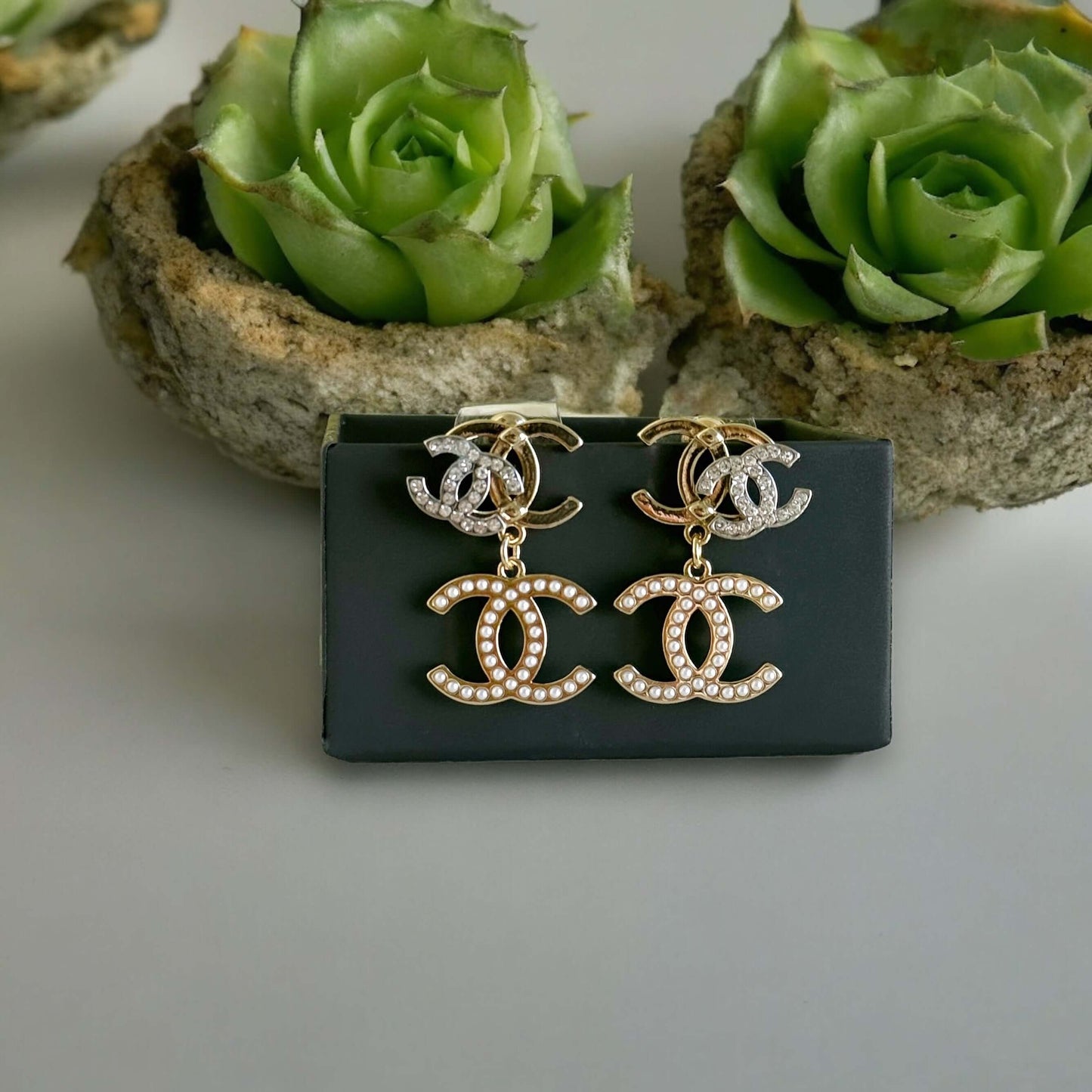 Chanel Triple CC Gold , Silver , Pearls & Crystals Earrings