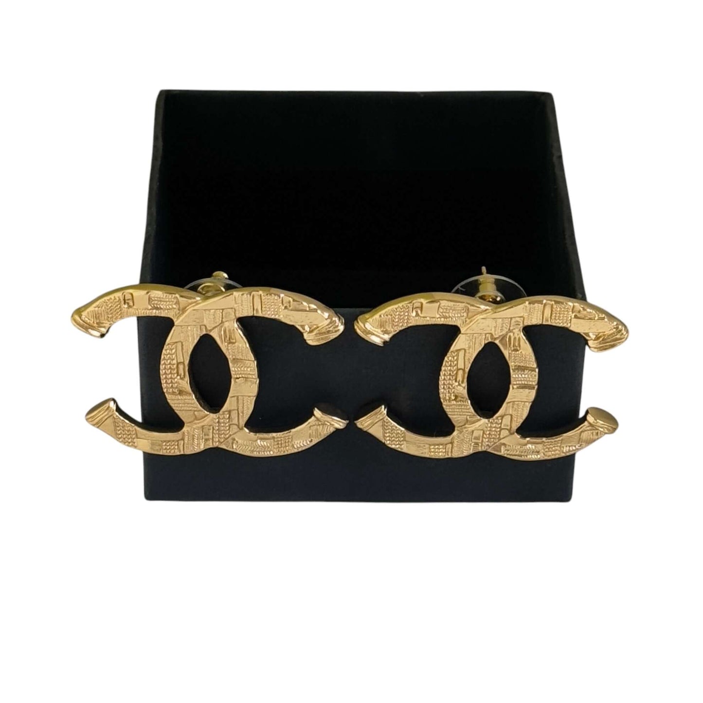 Authentic Chanel Gold Textured CC Pre-Owned Earrings in original box, like new condition, bold minimalist design.