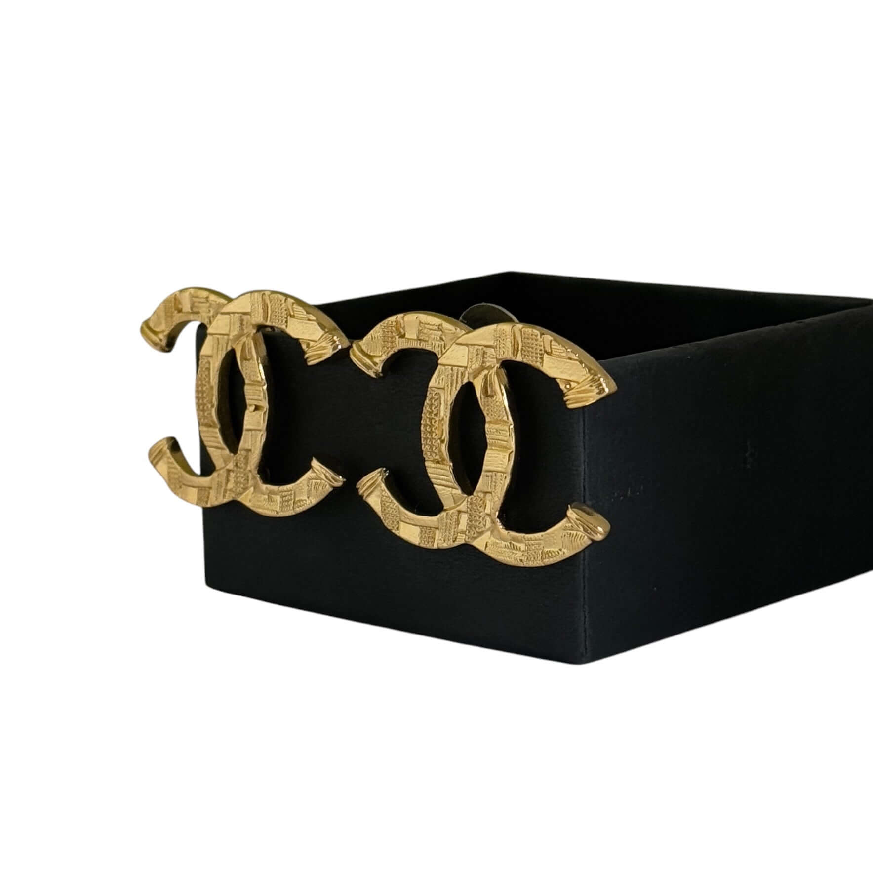 Authentic CHANEL Gold Textured CC Pre-Owned Earrings displayed in original black box, showcasing their bold, unique style.