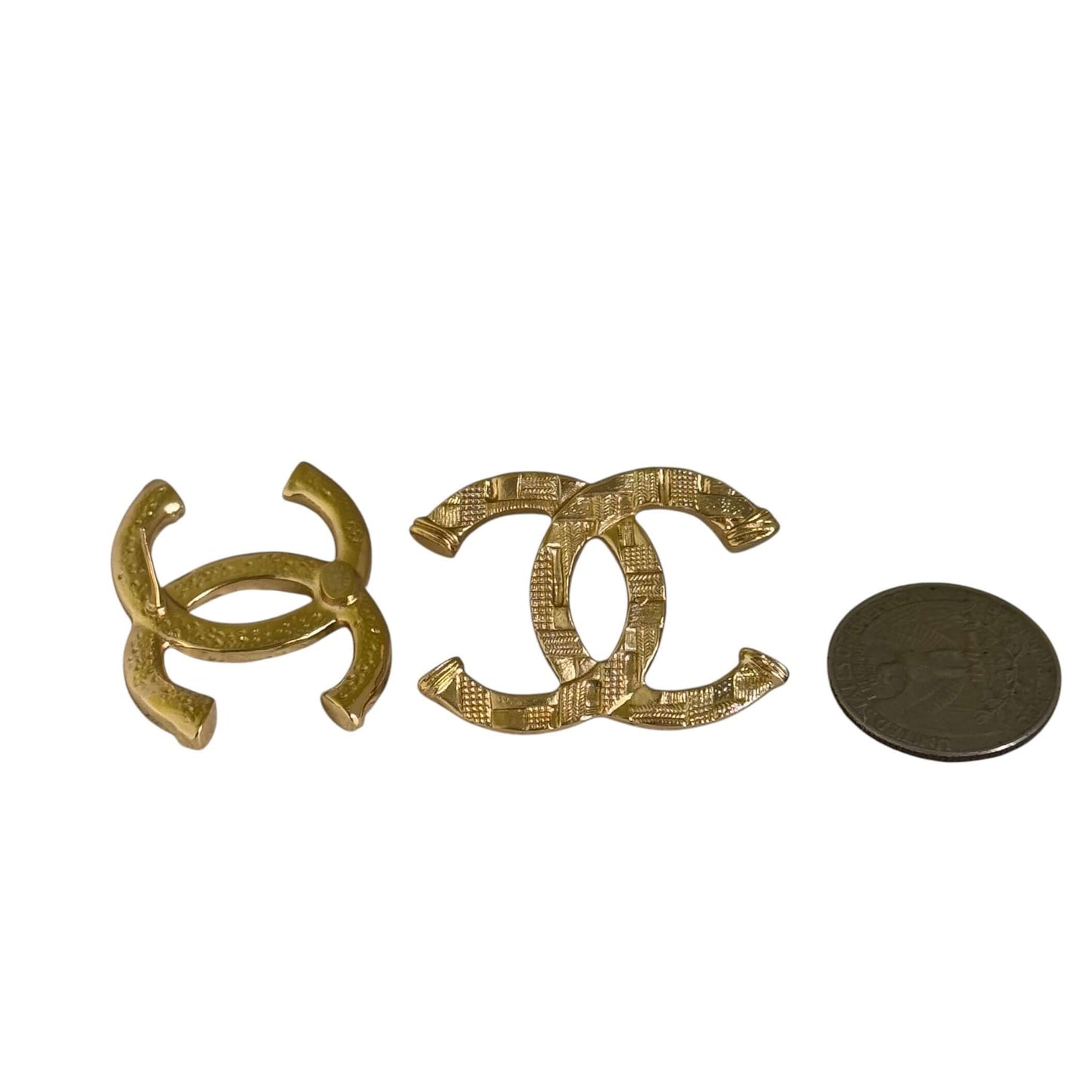 Authentic Chanel gold textured CC pre-owned earrings next to a quarter for size comparison.