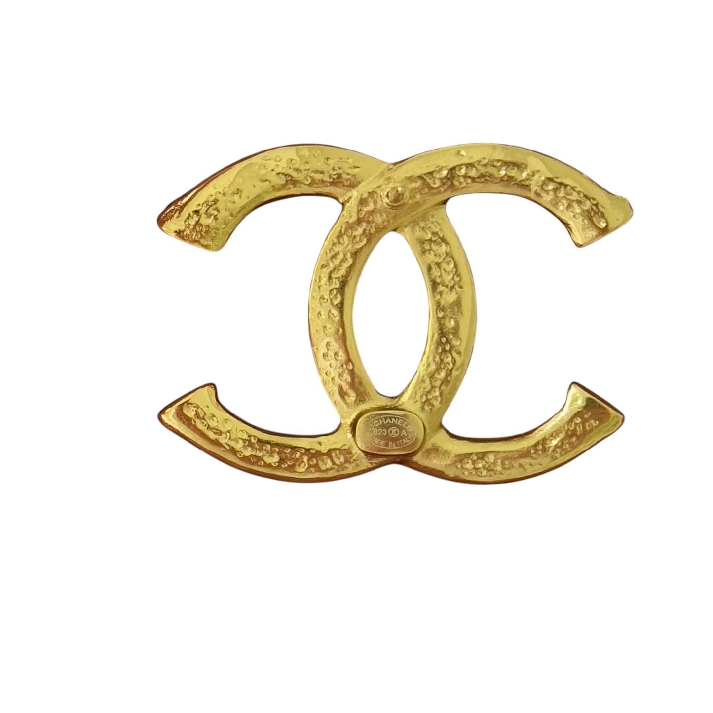 Authentic Chanel Gold Textured CC Brooch, pre-owned, minimalistic design, perfect for adding a touch of luxury.