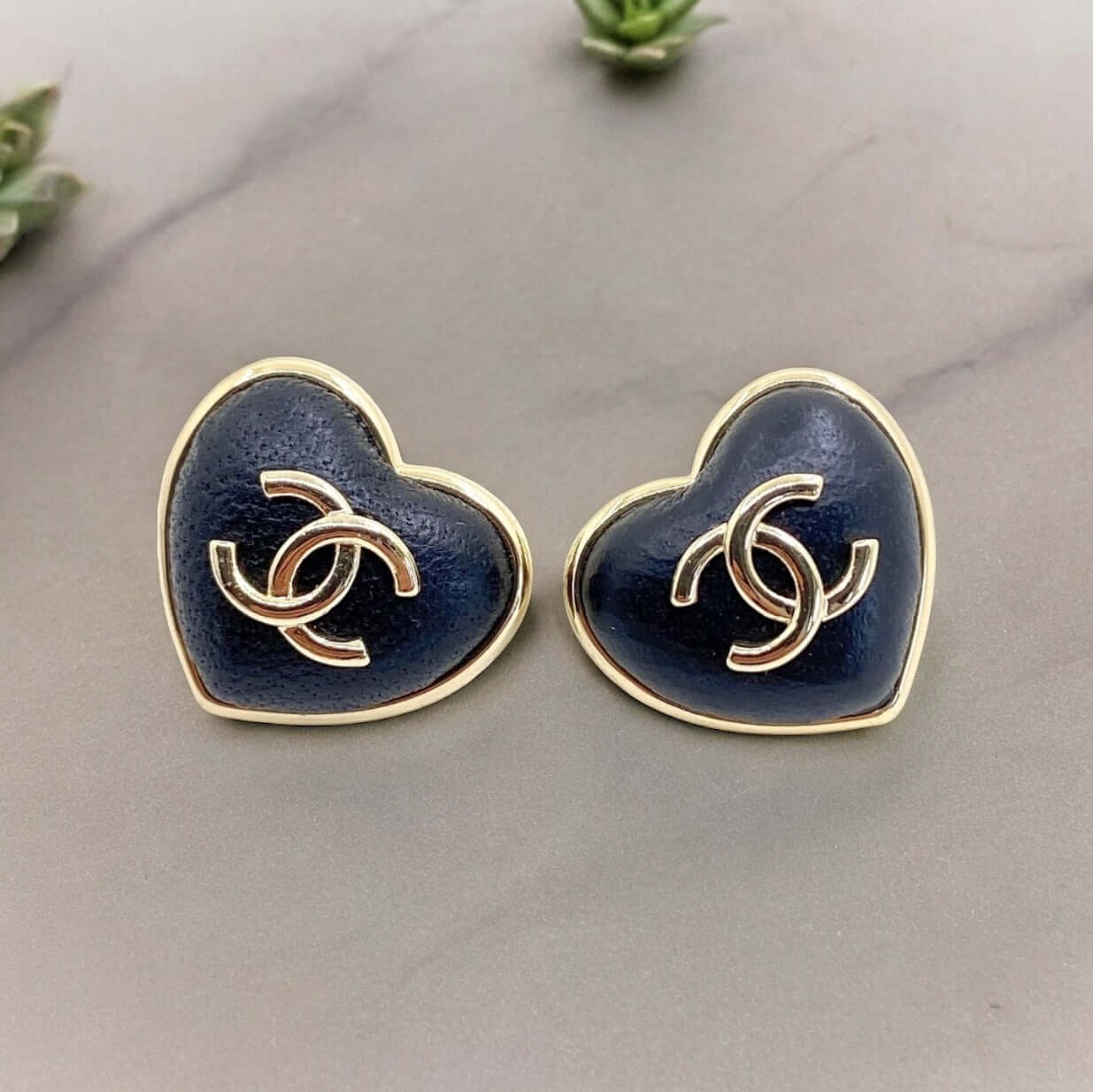 Pre-Owned Chanel Gold CC Black Leather Heart Shaped Post Earrings