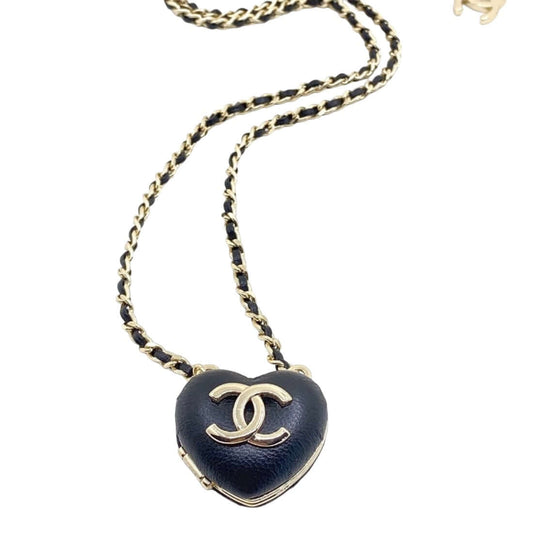 Chanel Gold Chain weaved with Black Leather Black Leather Heart Pendant Necklace