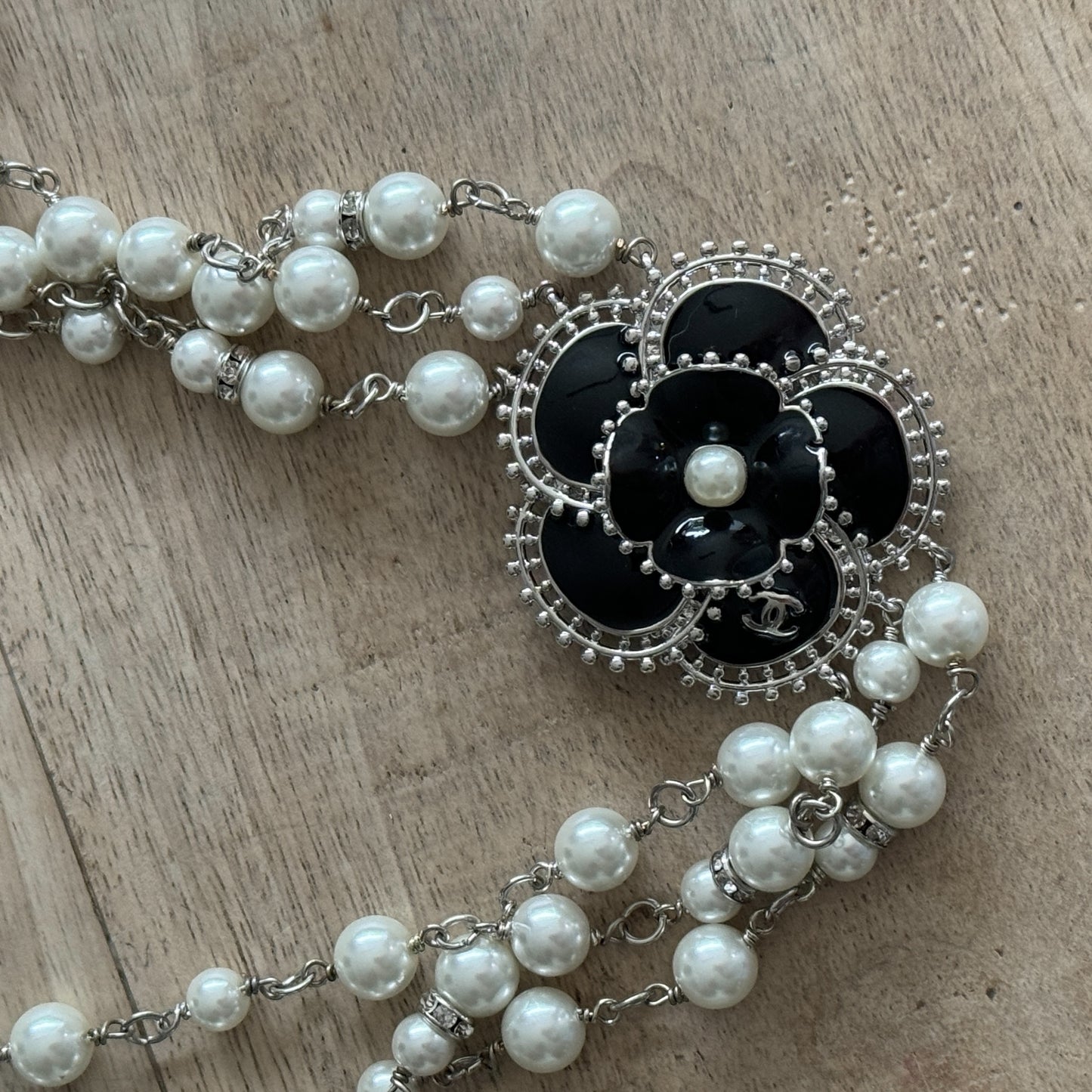 Authentic Chanel Pearl Camila Enamel Flower Three Strand Necklace Pre-owned