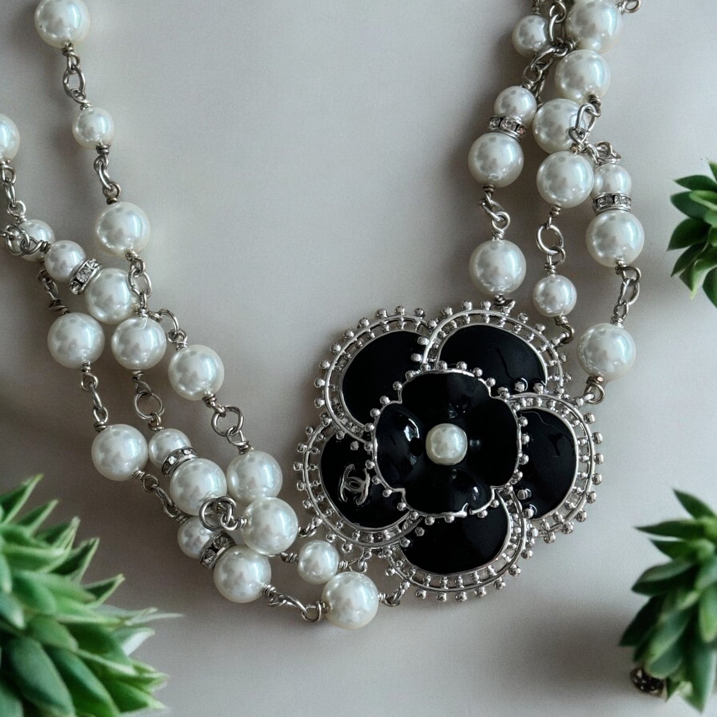 Authentic Chanel Pearl Camila Enamel Flower Three Strand Necklace Pre-owned