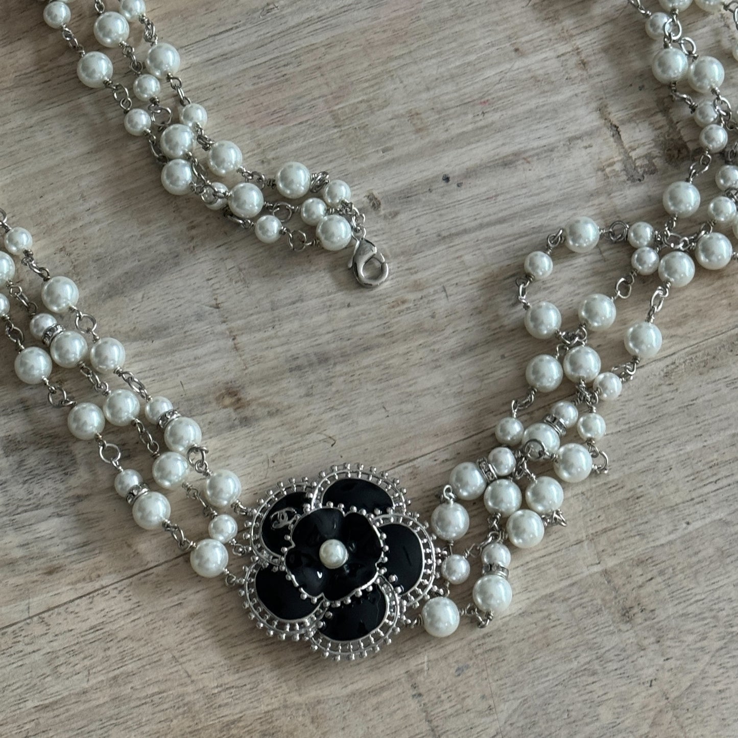 Authentic Chanel Pearl Camila Enamel Flower Three Strand Necklace Pre-owned