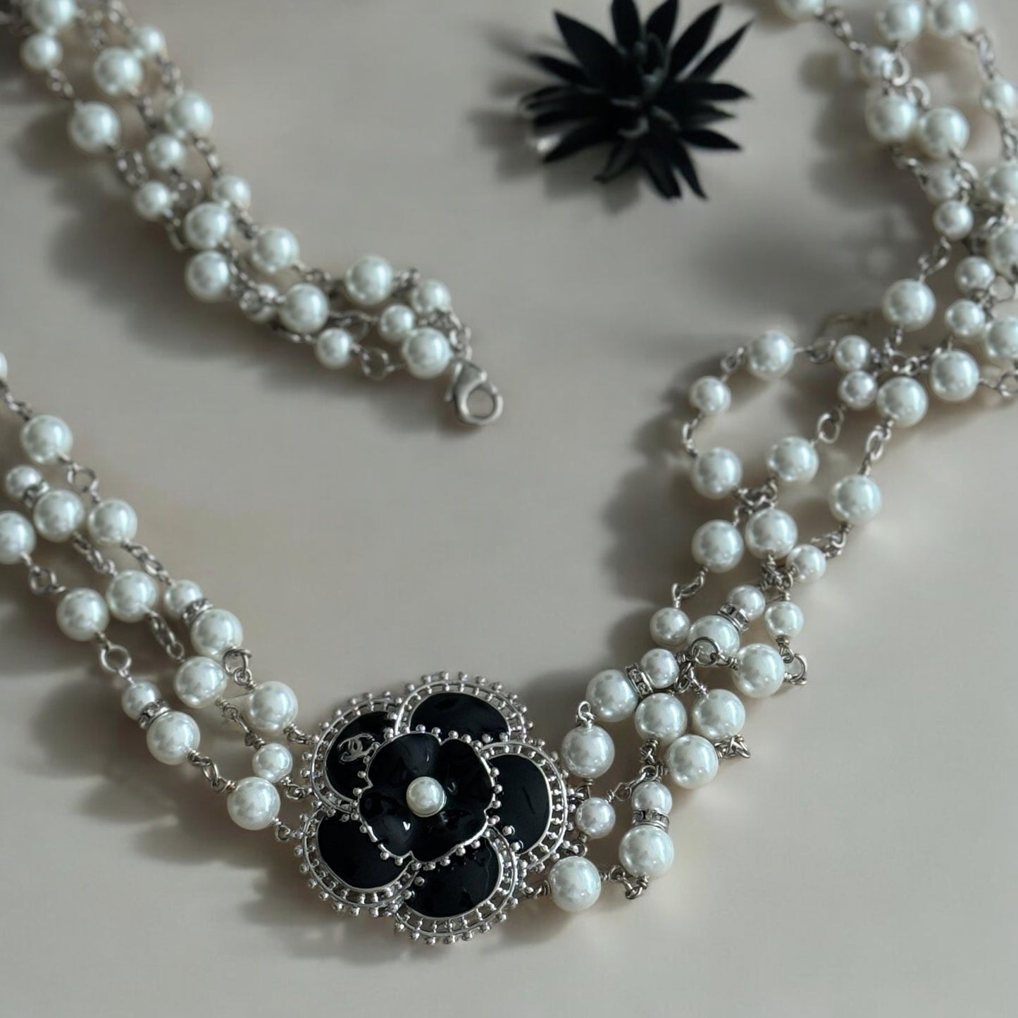 Authentic Chanel Pearl Camila Enamel Flower Three Strand Necklace Pre-owned