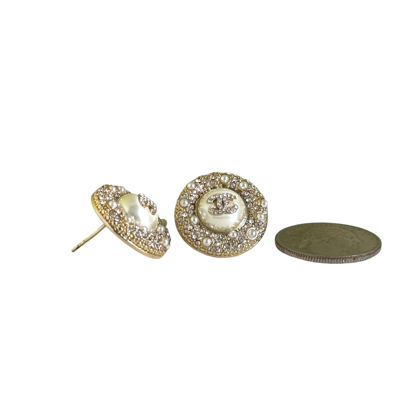 Chanel Strass CC Round Enamel Pearls Bling Earrings