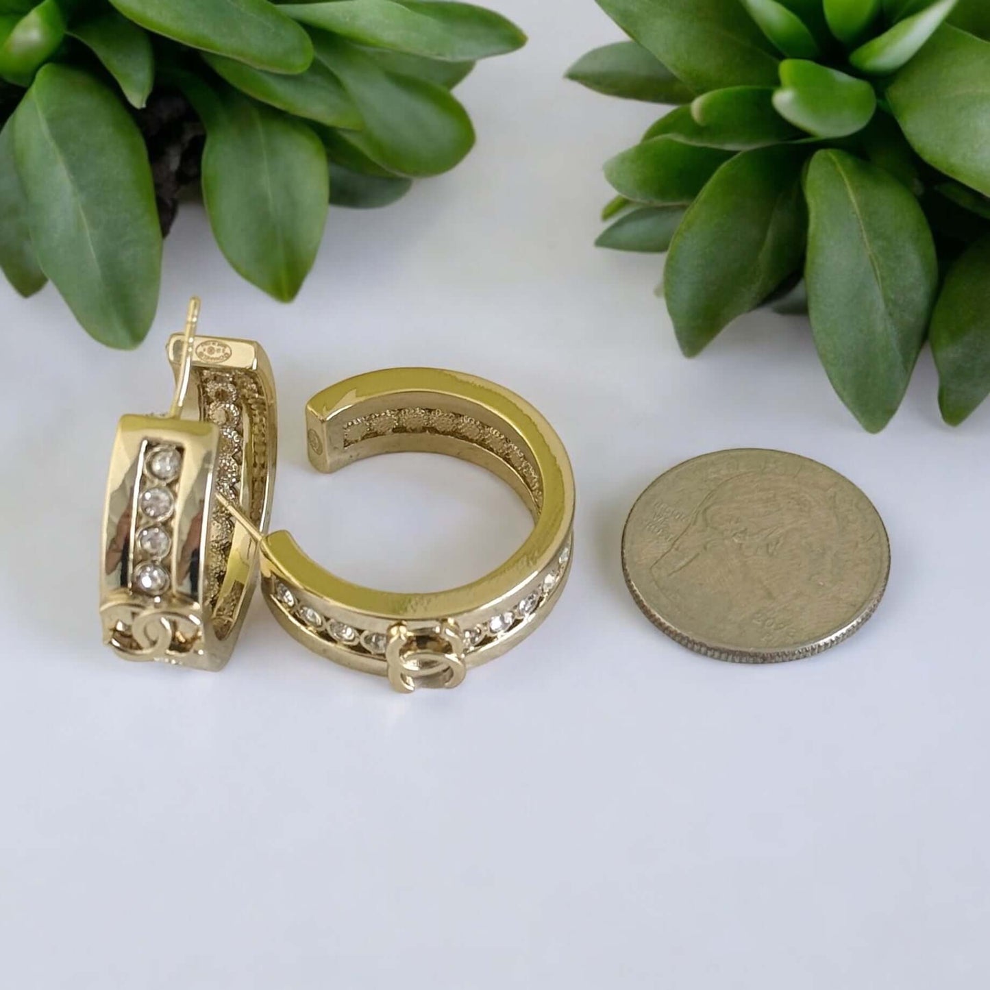 Authentic Pre-Owned Chanel CC Lighter Gold Hoops with Crystal accents