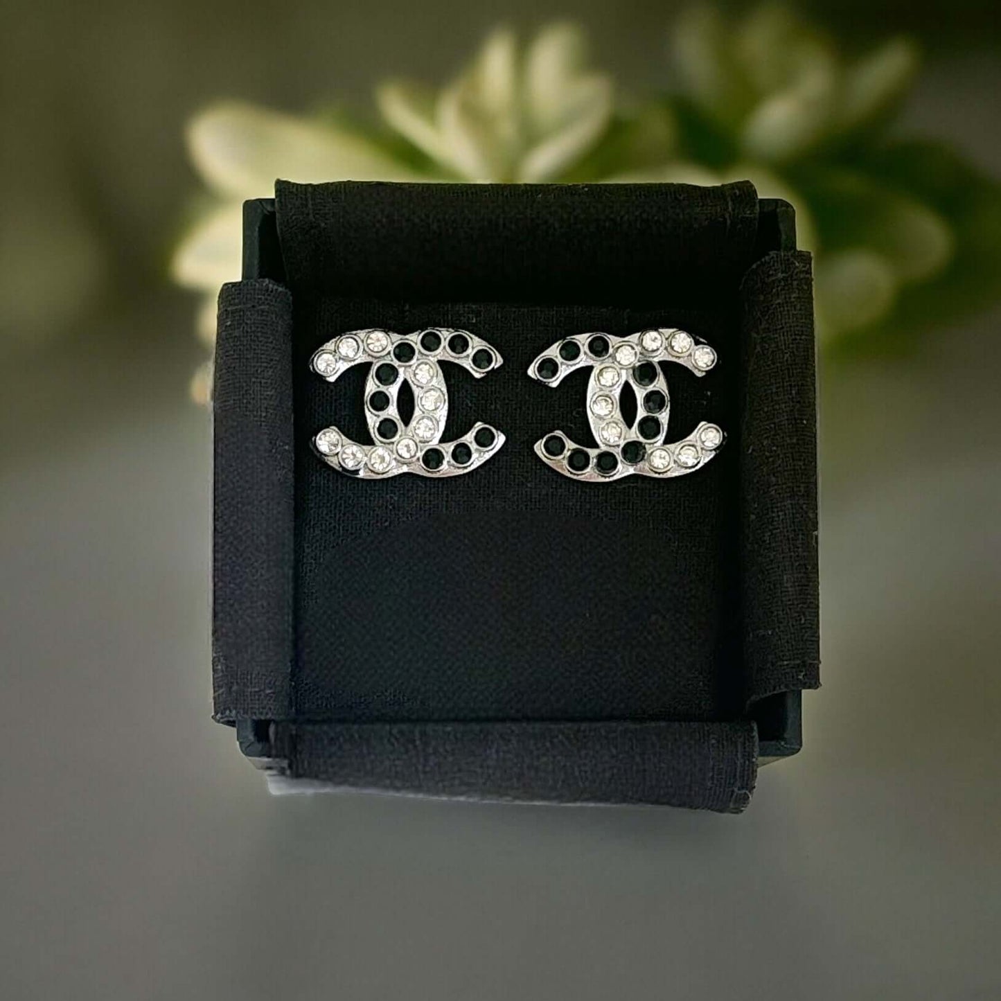 Authentic Chanel Silver CC with Clear & Black Crystals Earrings Pre-Owned