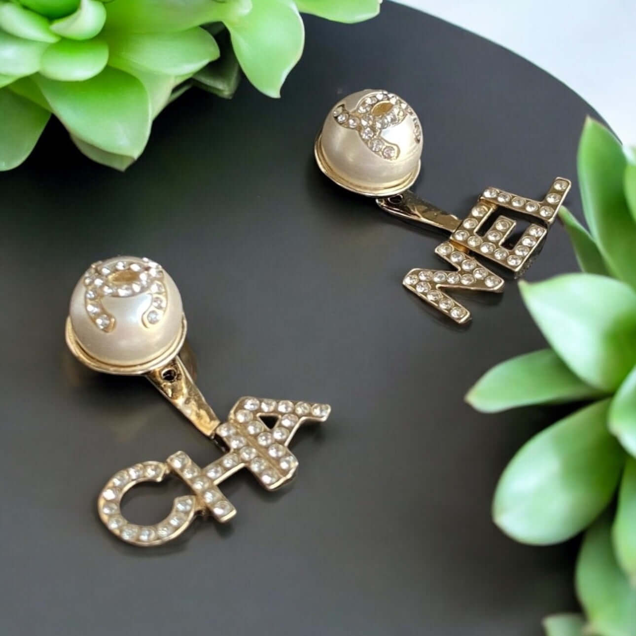 Chanel Gold CC Crystals Enamel Post Drop Earrings with "CHA" and "NEL" Design, Pre-Owned, In Great Condition, Comes with Chanel Box & Gift Bag