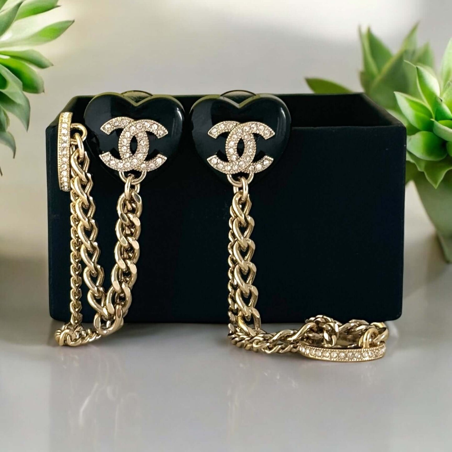 Chanel CC Gold & Black Chain Heart Earrings with Ear Cuff and Crystals in Box