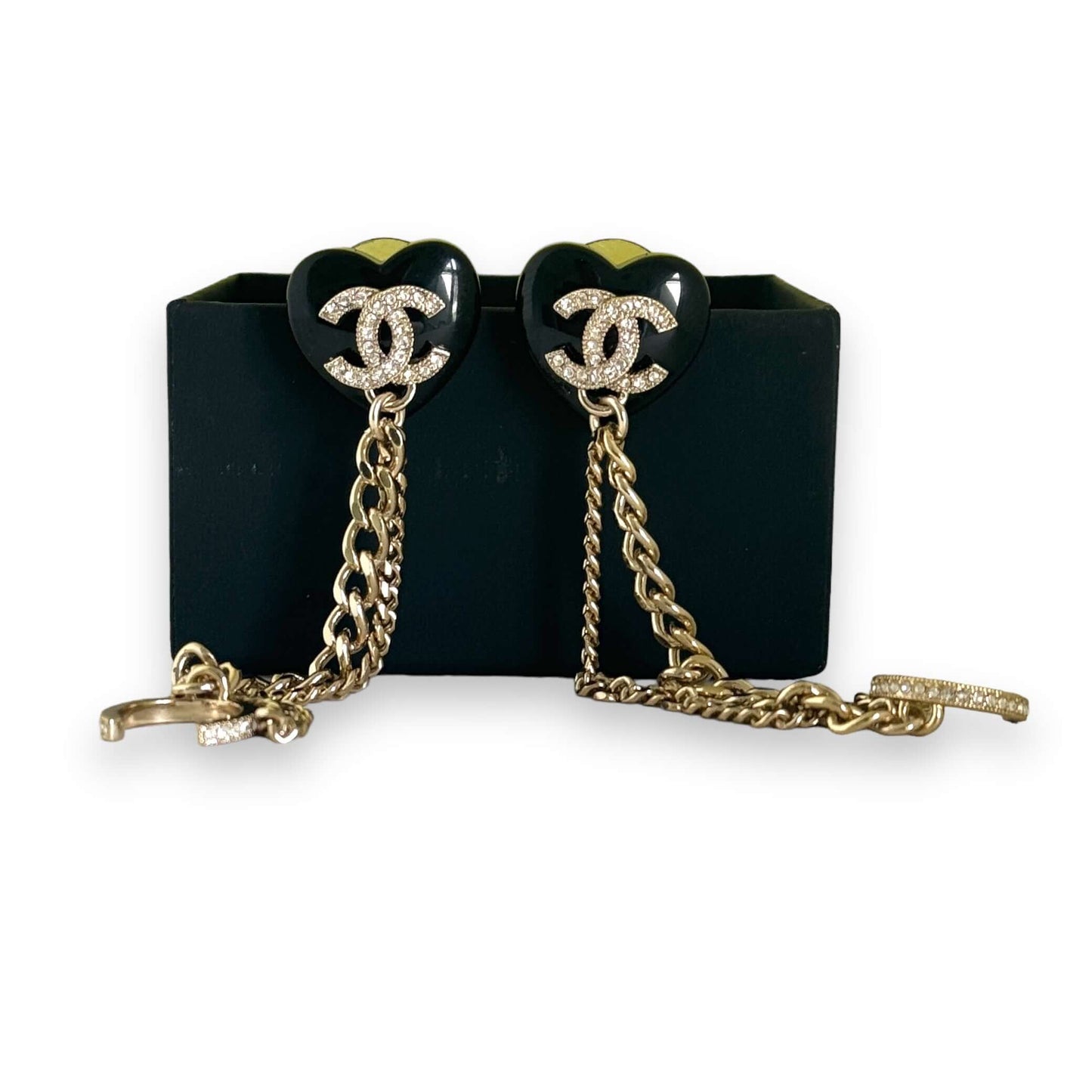 Chanel CC Gold & Black Chain Heart Earrings with Ear Cuff, featuring sparkling crystals, black enamel petals, and dangle design in Chanel box