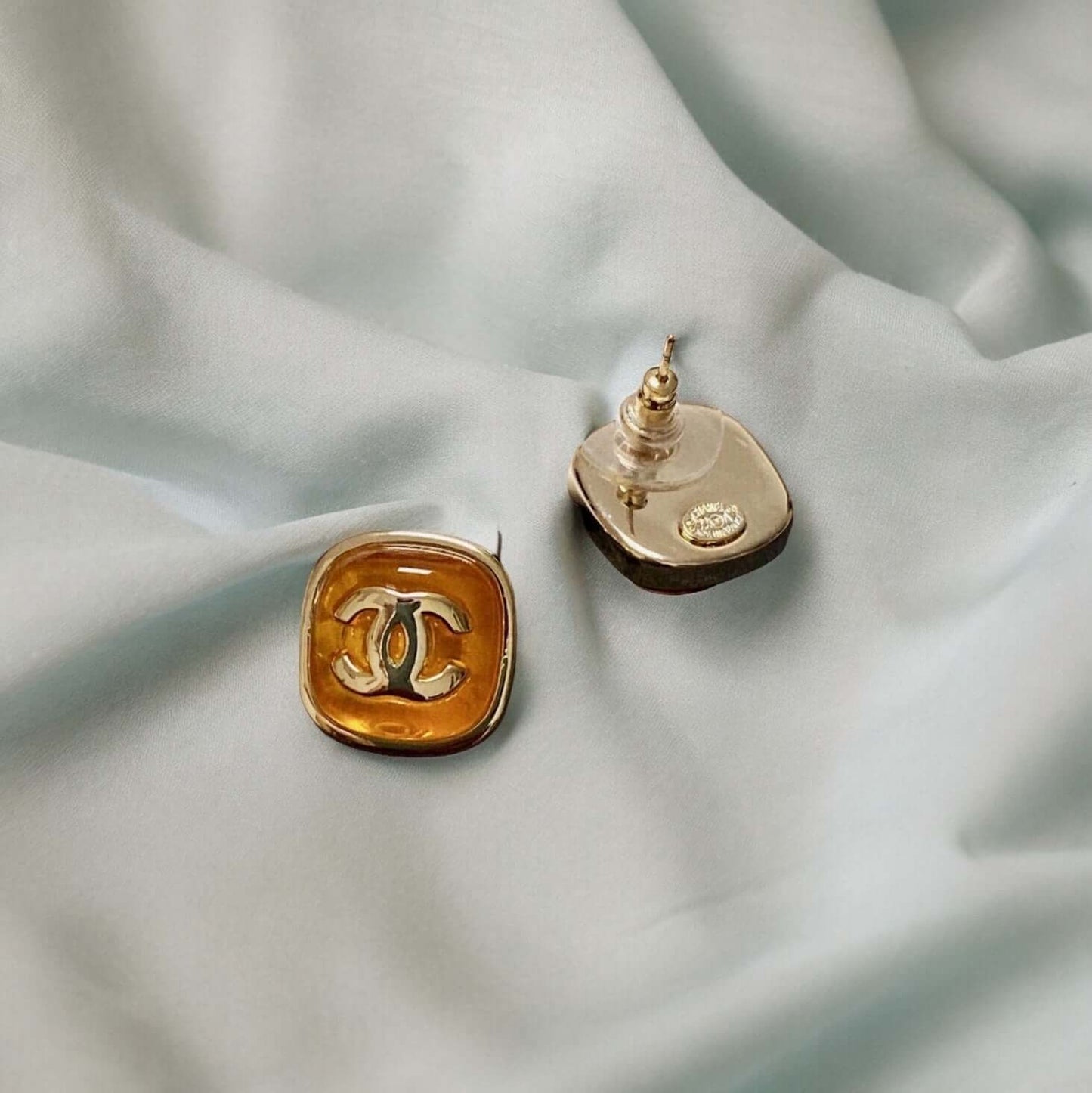 Chanel Gold CC Amber Enamel Post Earrings