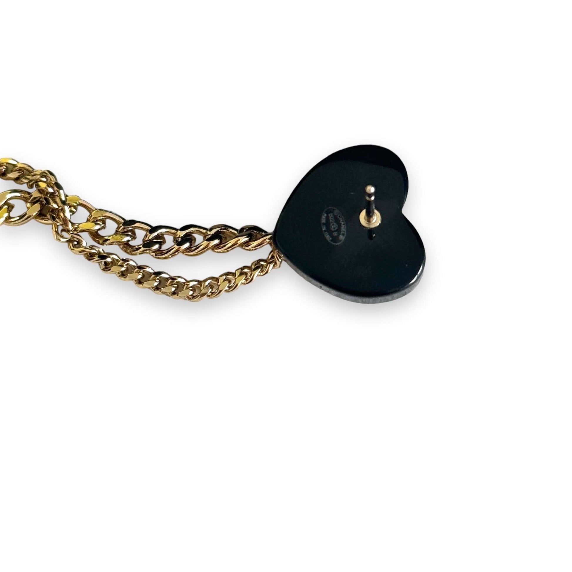 Chanel CC Gold and Black Chain Heart Earring with attached ear cuff and post back, featuring exquisite detailing and excellent condition.