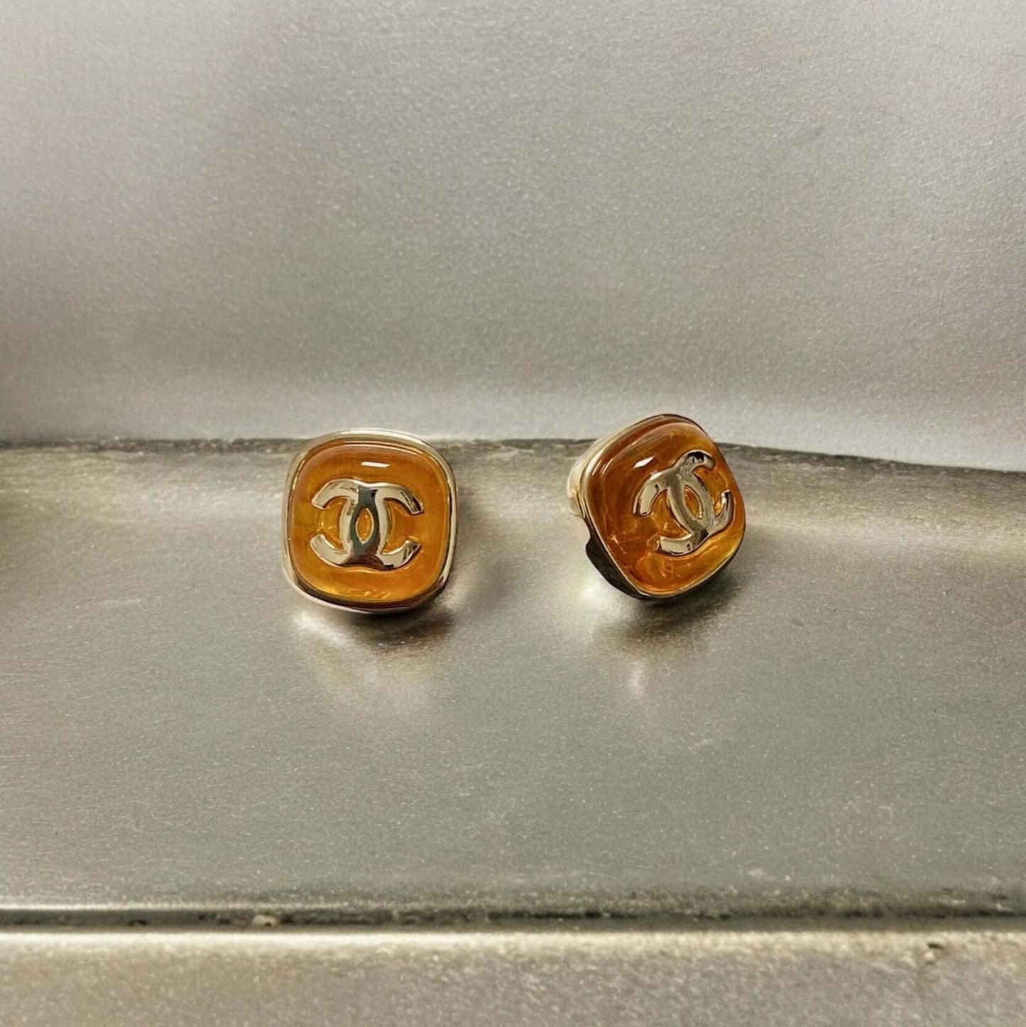 Chanel Gold CC Amber Enamel Post Earrings