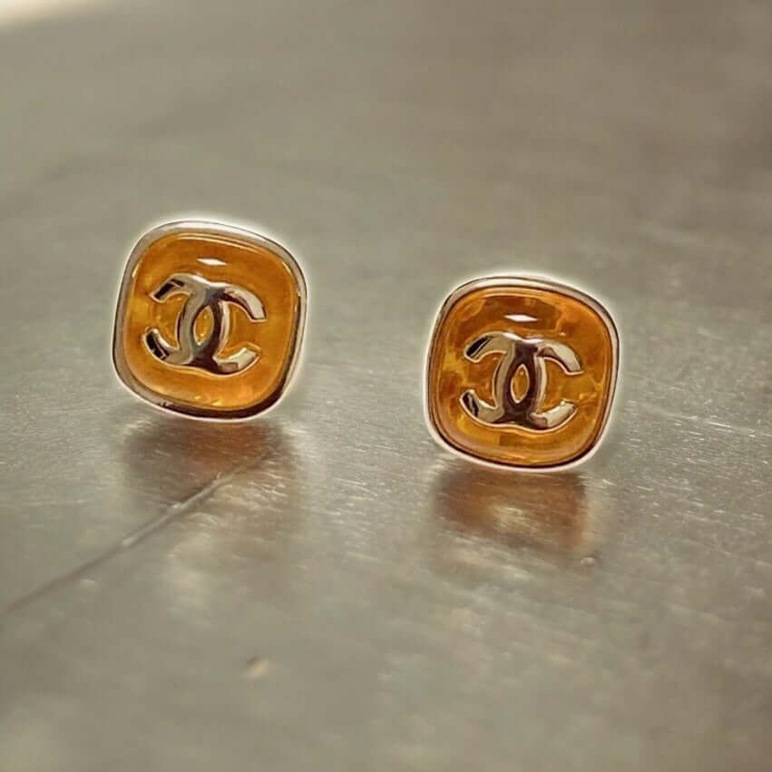 Chanel Gold CC Amber Enamel Post Earrings