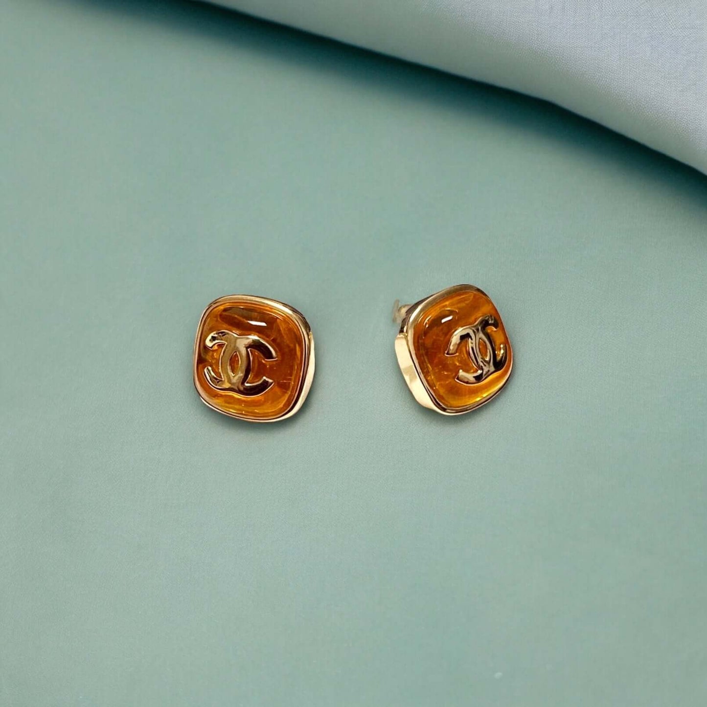 Chanel Gold CC Amber Enamel Post Earrings