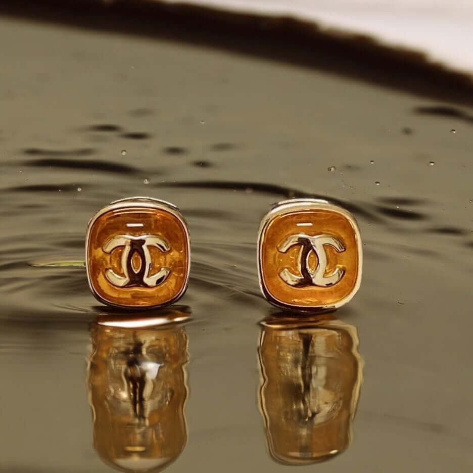 Chanel Gold CC Amber Enamel Post Earrings