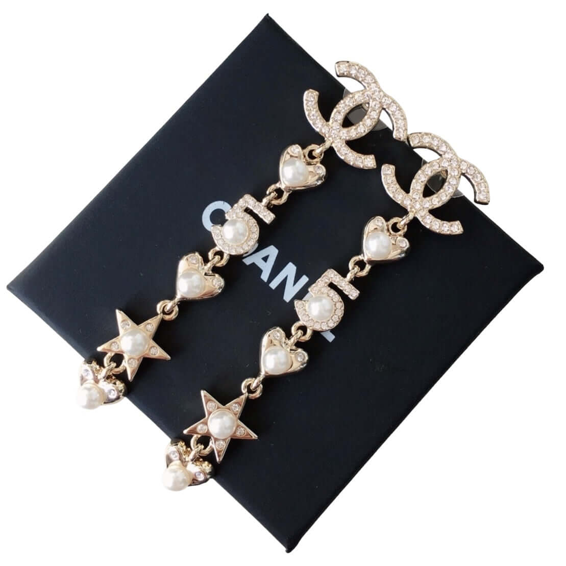 Pre-Owned Chanel Gold /Strass Dangle Star, Heart & CC Post Earrings