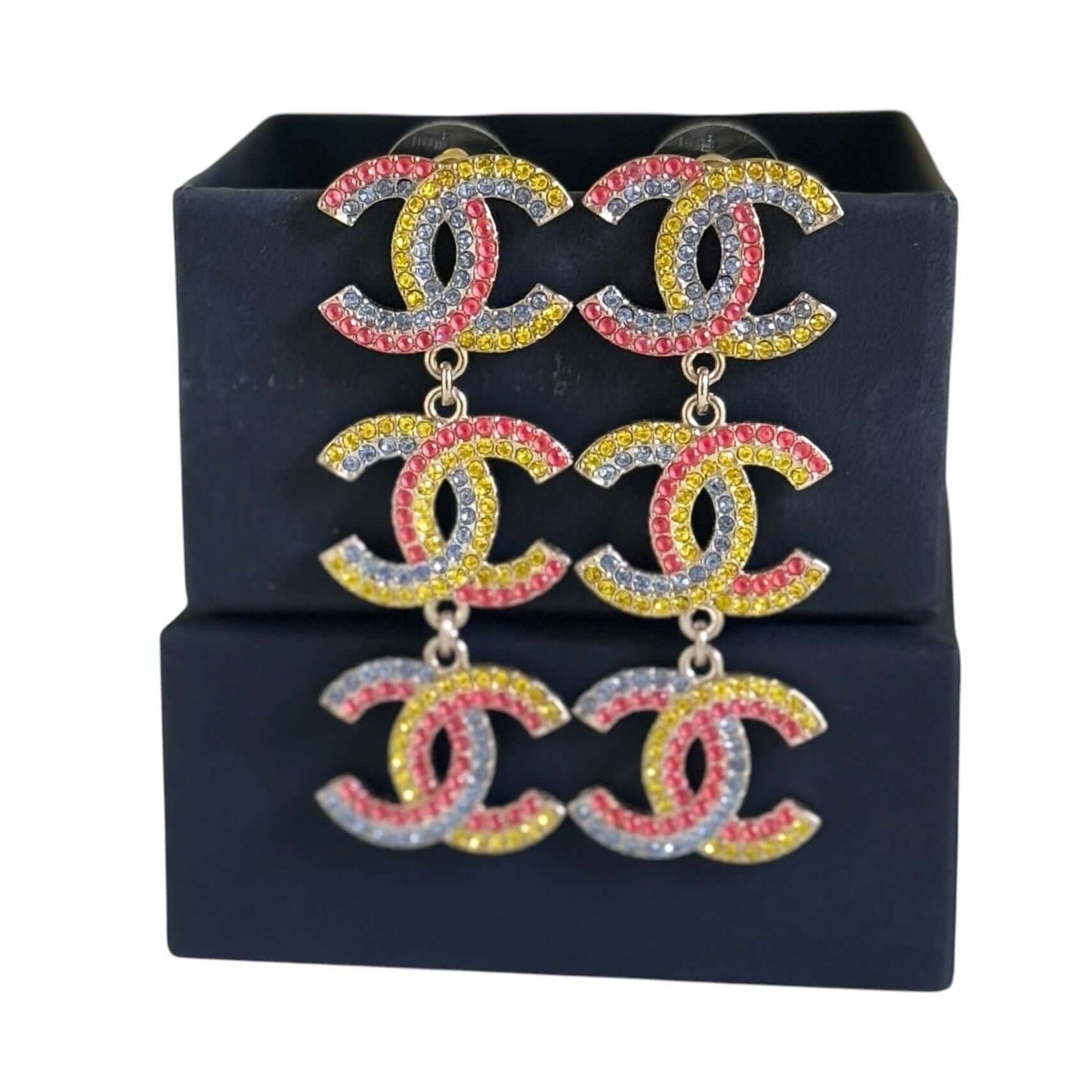 Stunning authentic Chanel Gold CC colorful crystal dangle earrings on display, pre-owned and in excellent condition.