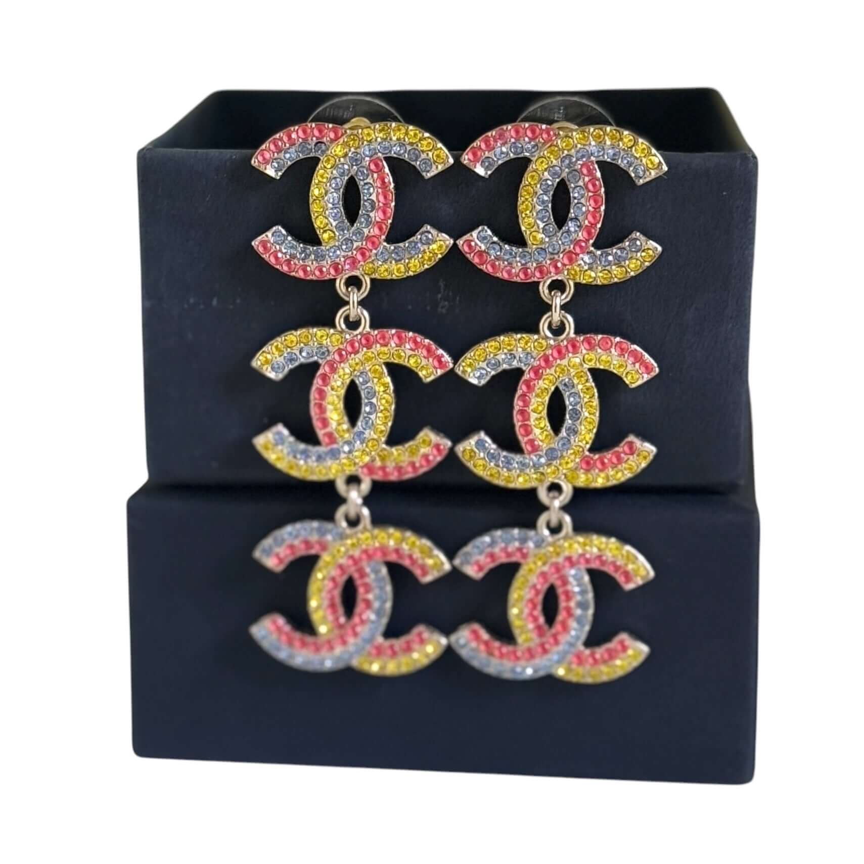 Stunning authentic Chanel Gold CC colorful crystal dangle earrings on display, pre-owned and in excellent condition.